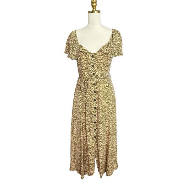 Anthropologie Bolano cheetah print midi dress with a button-down front and tie w - Picture 2 of 12